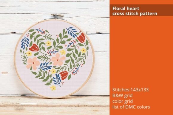 Floral Heart Cross Stitch for Boutique Apparel
