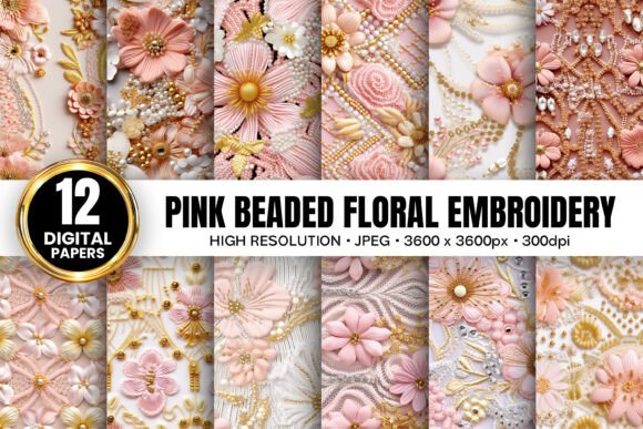 Pink Beaded Flowers Embroidery for Apparel